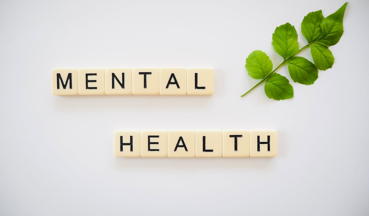 about-01 Scrabble tiles spelling 'Mental Health' with green leaves on a white background.